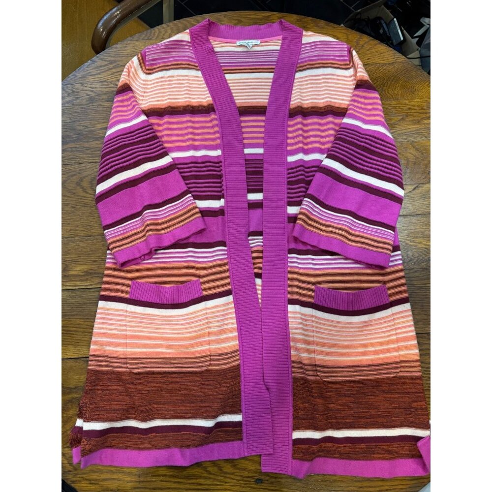 Isaac Mizrahi Women's Marled Stripe Open Front Cardigan Duster Top Pink Med